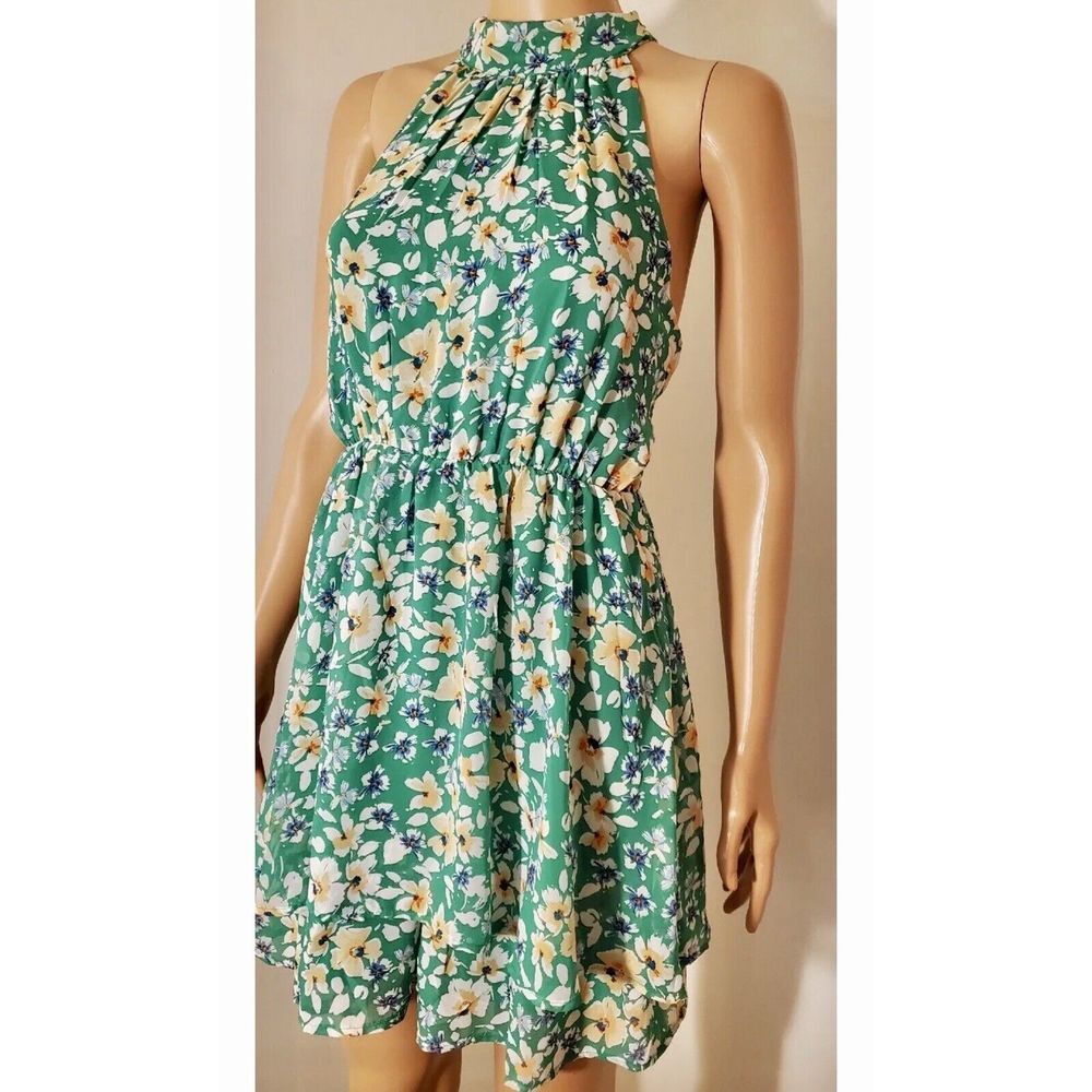 NWT Sienna Sky Green Floral Sleeveless High Neck Mini Dress Women's S/Small NEW‎